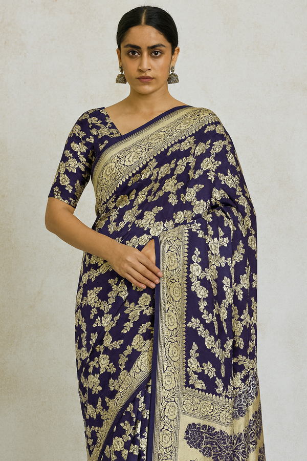Banarasi Silk Saree Dark-Violet In Colour