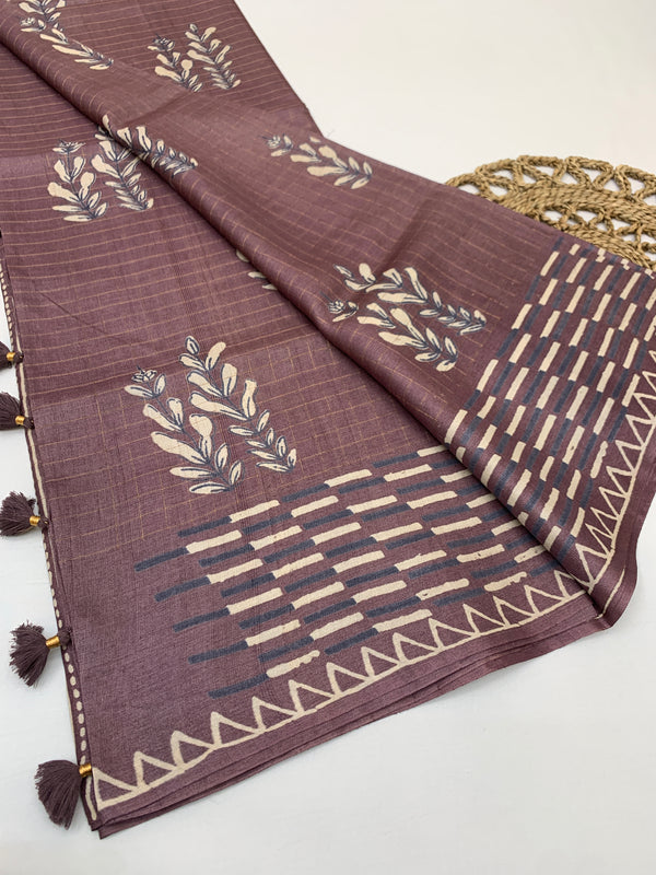 Tussore Printed Saree Dark-Mauve In Colour
