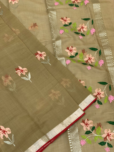 Zari Kota Saree Olive-Green In Color