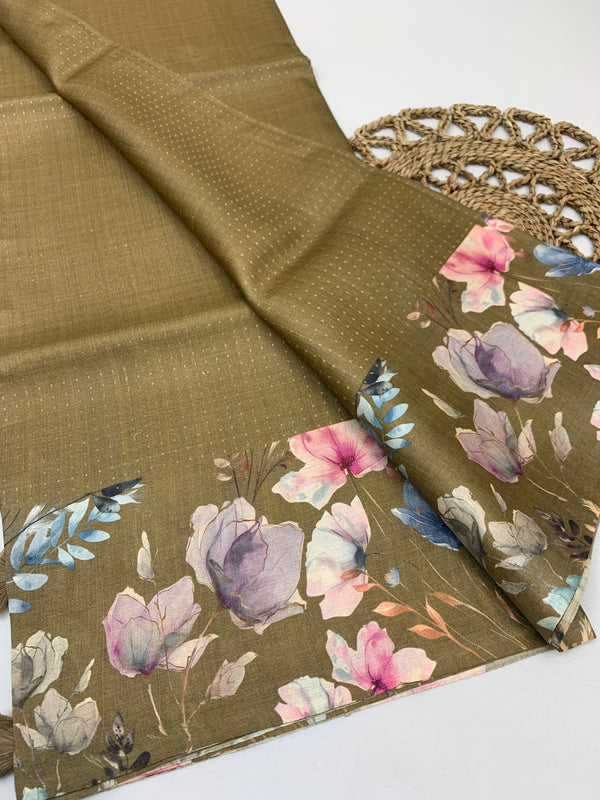 Tussore Printed Saree Dark-Grey In Colour