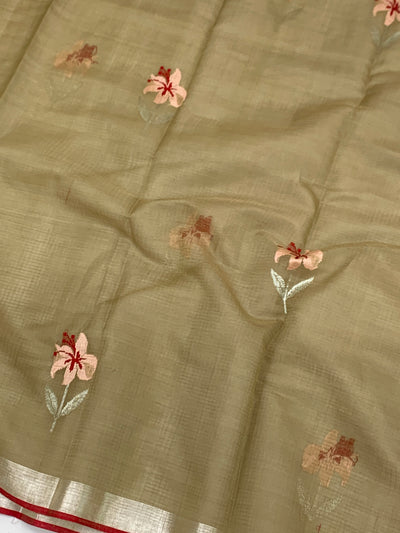 Zari Kota Saree Olive-Green In Color