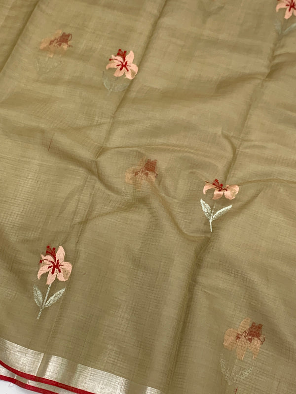 Zari Kota Saree Olive-Green In Color