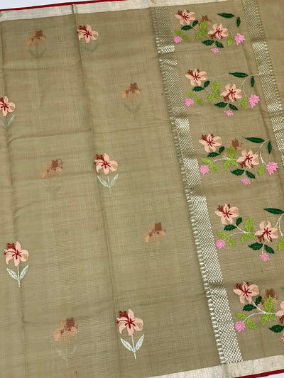 Zari Kota Saree Olive-Green In Color
