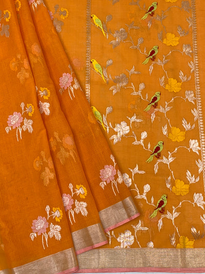 Zari Kota Saree Orange In Color