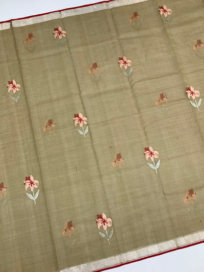 Zari Kota Saree Olive-Green In Color