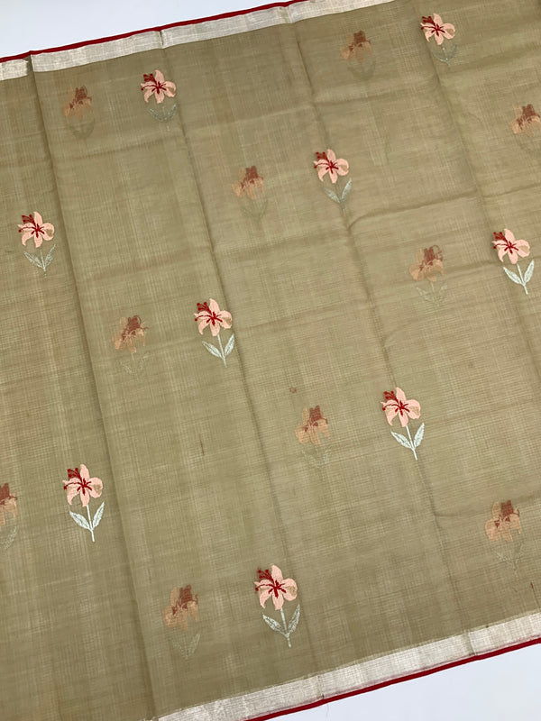 Zari Kota Saree Olive-Green In Color