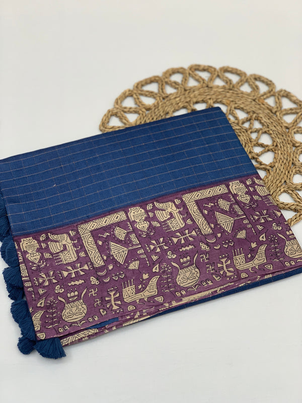 Blue Tussore Saree With Folk Traditional Printed Border