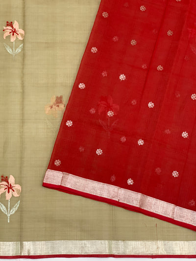 Zari Kota Saree Olive-Green In Color