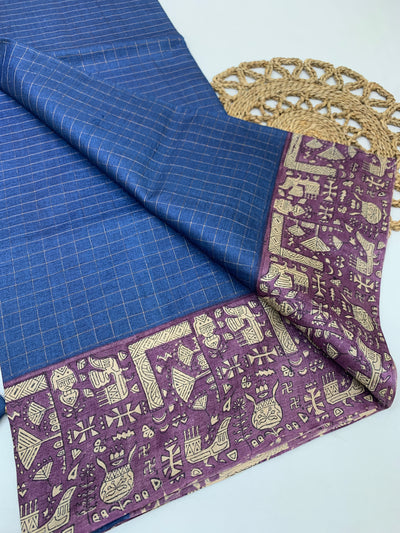 Blue Tussore Saree With Folk Traditional Printed Border