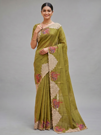 Tussore Saree Mehendi-Green In Colour