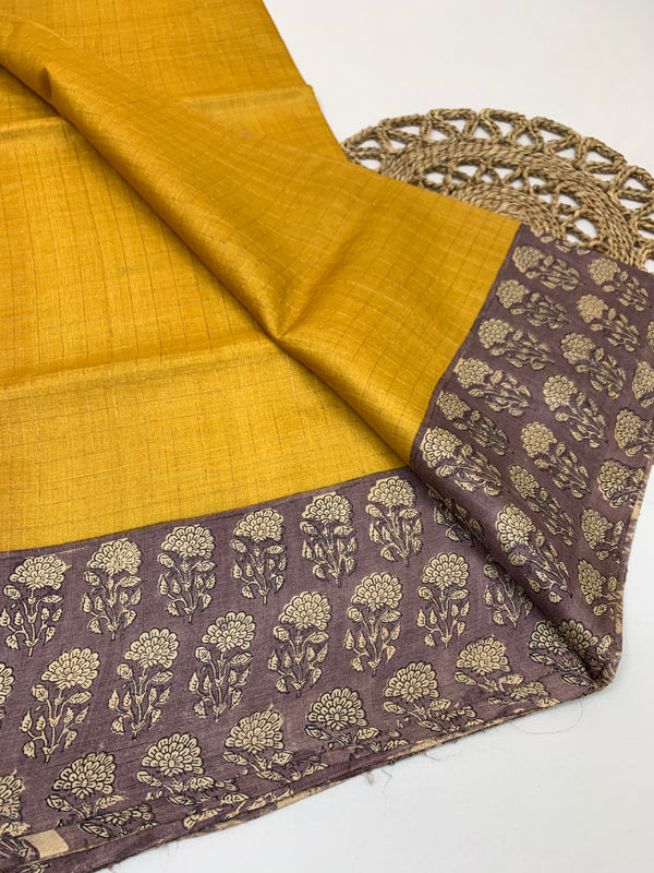Mango-Yellow Tussore Saree With Floral Border