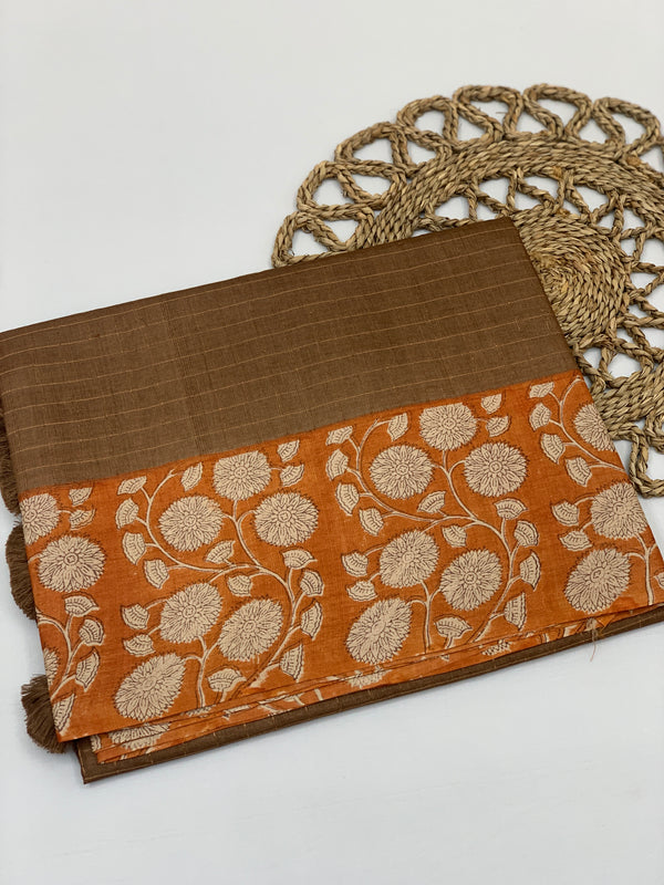 Brown Tussore Saree With Floral Border