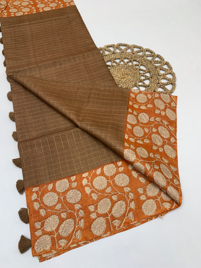 Brown Tussore Saree With Floral Border