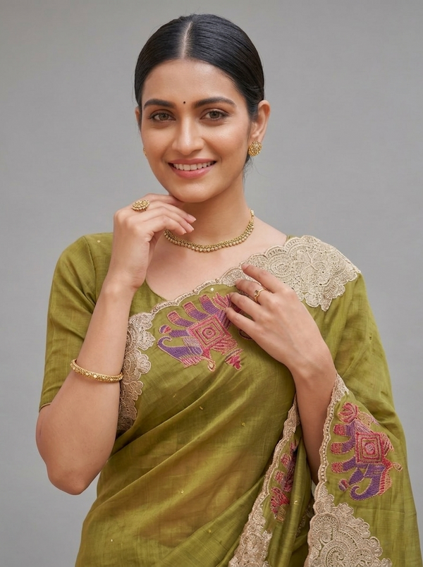 Tussore Saree Mehendi-Green In Colour