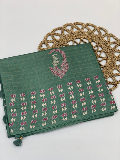 Exquisite Sea-Green Tussore Printed Saree with Gold Zari Accents