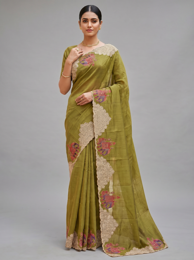 Tussore Saree Mehendi-Green In Colour
