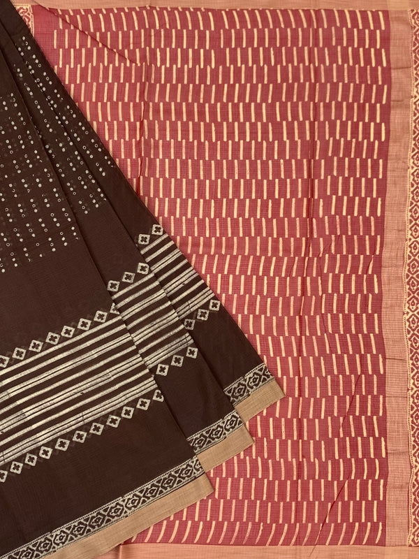 Earthy Crimson & Cocoa Brown Hand-Block Printed Cotton Kota Saree