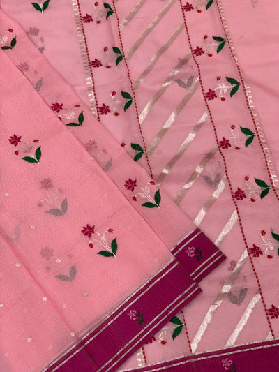 Ethereal Light Pink Zari Kota Saree with Contrast Magenta Pink Border