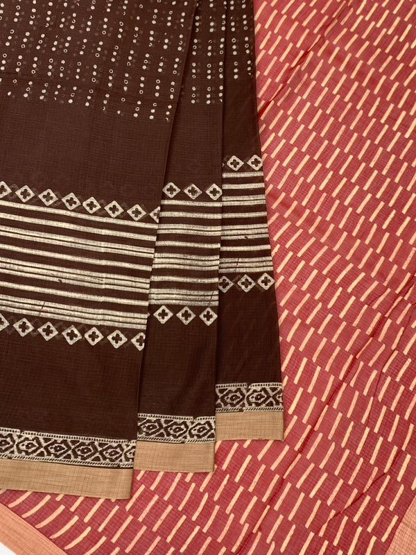 Earthy Crimson & Cocoa Brown Hand-Block Printed Cotton Kota Saree