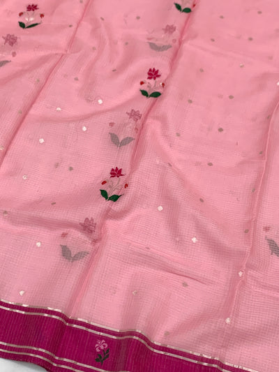 Ethereal Light Pink Zari Kota Saree with Contrast Magenta Pink Border