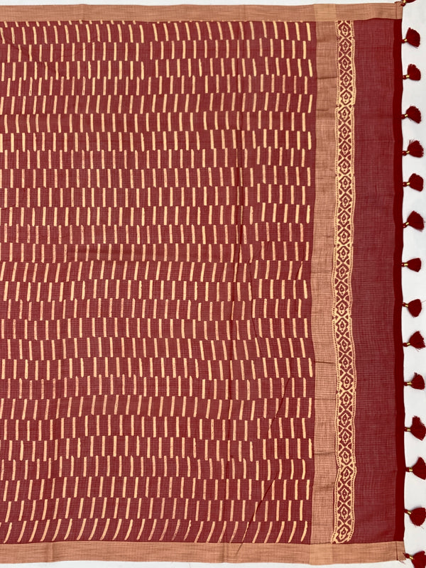 Earthy Crimson & Cocoa Brown Hand-Block Printed Cotton Kota Saree