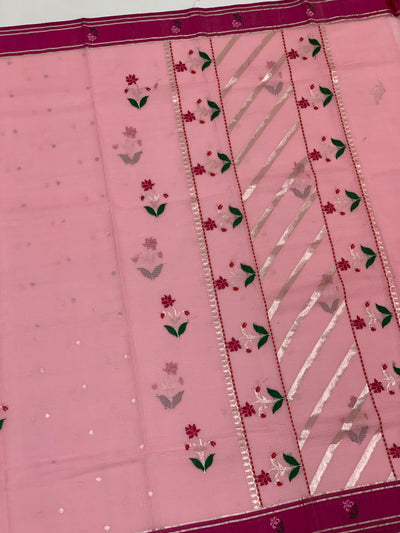 Ethereal Light Pink Zari Kota Saree with Contrast Magenta Pink Border