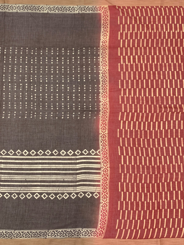 Earthy Crimson & Cocoa Brown Hand-Block Printed Cotton Kota Saree