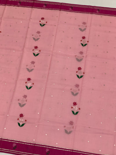 Ethereal Light Pink Zari Kota Saree with Contrast Magenta Pink Border