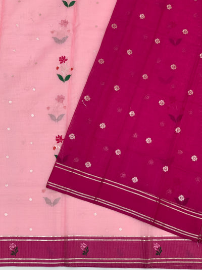 Ethereal Light Pink Zari Kota Saree with Contrast Magenta Pink Border