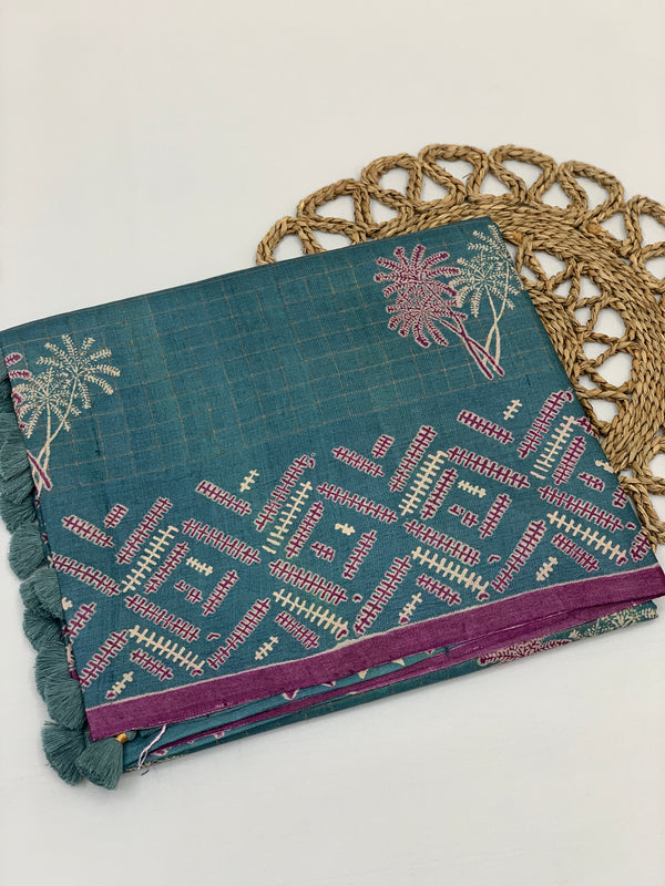 Tussore Printed Saree Light-Blue In Colour