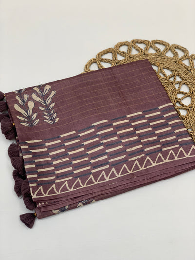 Tussore Printed Saree Dark-Mauve In Colour