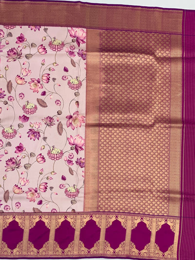 Ethereal Pink & Magenta Printed Banarasi Silk Saree with Pichwai Lotus Motifs
