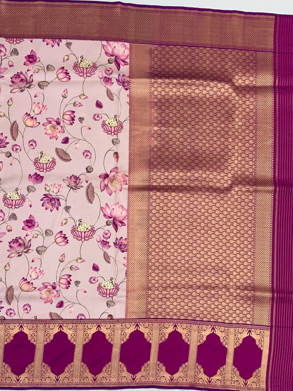 Ethereal Pink & Magenta Printed Banarasi Silk Saree with Pichwai Lotus Motifs