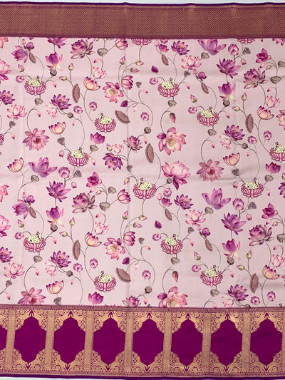 Ethereal Pink & Magenta Printed Banarasi Silk Saree with Pichwai Lotus Motifs