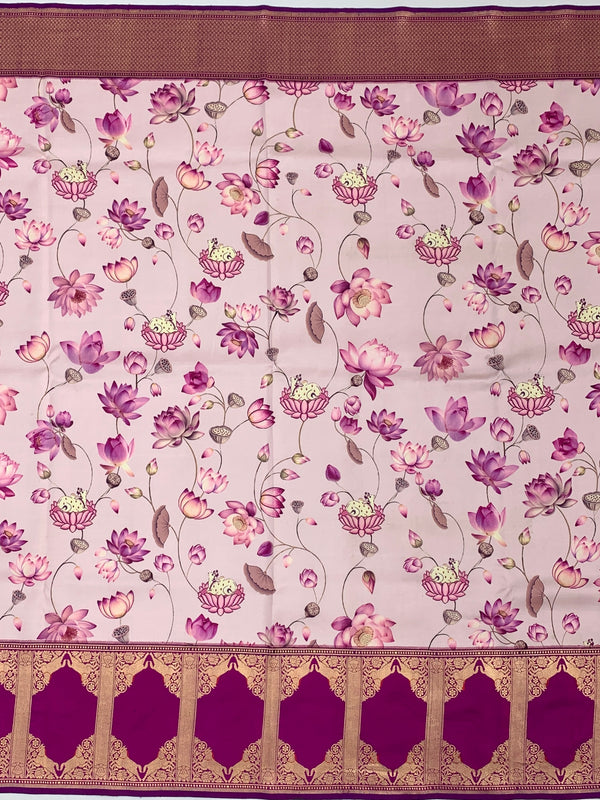 Ethereal Pink & Magenta Printed Banarasi Silk Saree with Pichwai Lotus Motifs