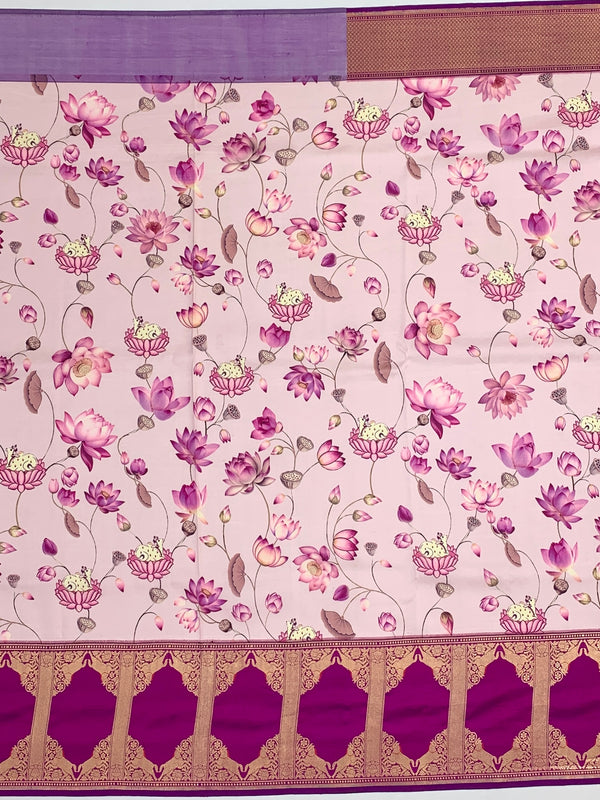 Ethereal Pink & Magenta Printed Banarasi Silk Saree with Pichwai Lotus Motifs