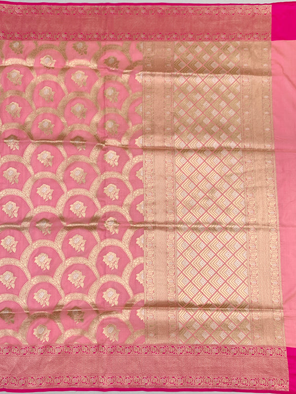 Exquisite Rose Pink Banarasi Silk Saree with Scalloped Floral Jaal