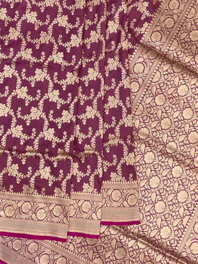 Deep Plum Banarasi Silk Saree with All-Over Gold Zari Floral Jaal