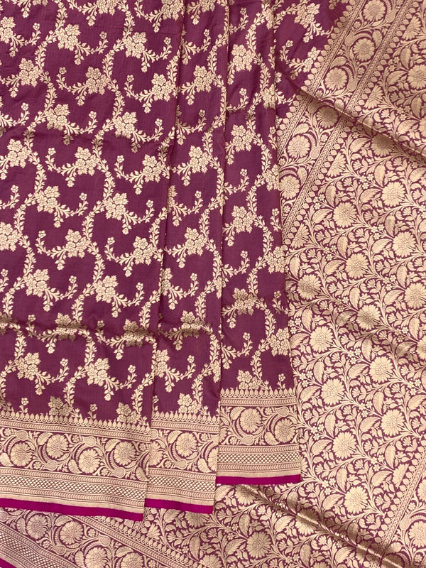 Deep Plum Banarasi Silk Saree with All-Over Gold Zari Floral Jaal