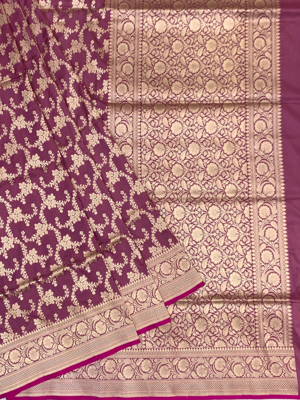 Deep Plum Banarasi Silk Saree with All-Over Gold Zari Floral Jaal