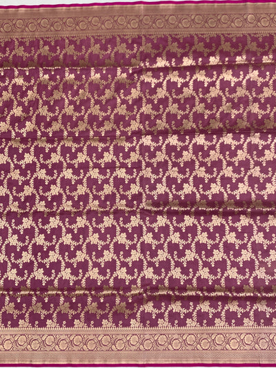 Deep Plum Banarasi Silk Saree with All-Over Gold Zari Floral Jaal