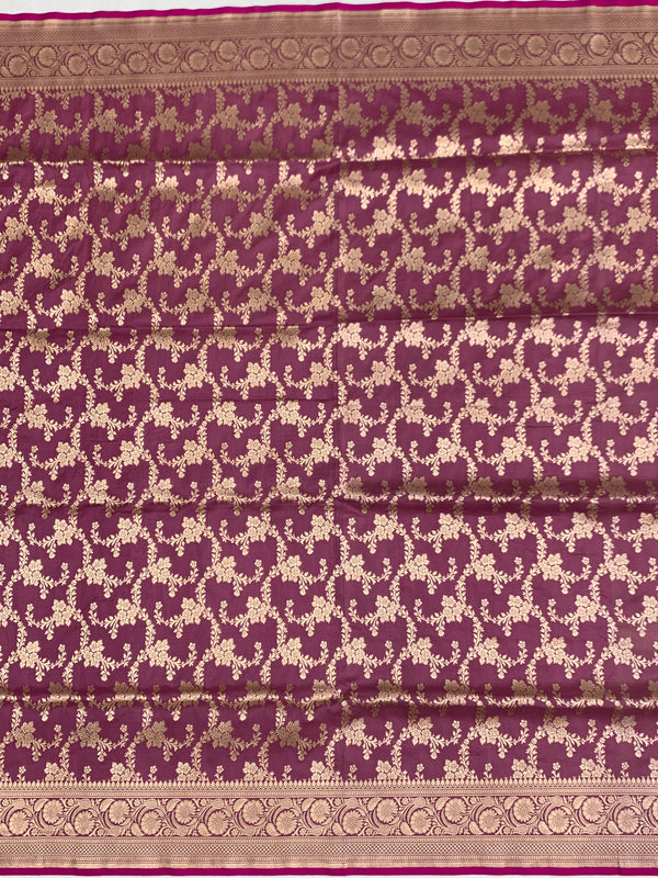 Deep Plum Banarasi Silk Saree with All-Over Gold Zari Floral Jaal