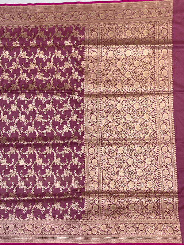 Deep Plum Banarasi Silk Saree with All-Over Gold Zari Floral Jaal
