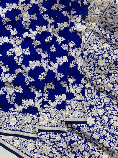 Regal Royal Blue Banarasi Silk Saree with Silver Zari Floral