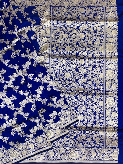 Regal Royal Blue Banarasi Silk Saree with Silver Zari Floral