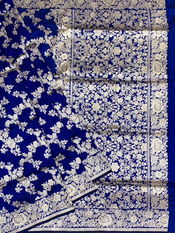 Regal Royal Blue Banarasi Silk Saree with Silver Zari Floral