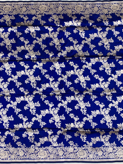 Regal Royal Blue Banarasi Silk Saree with Silver Zari Floral