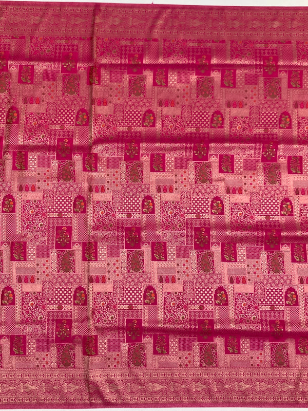 Ethereal Rani Pink Banarasi Silk Saree with Ornate Patchwork