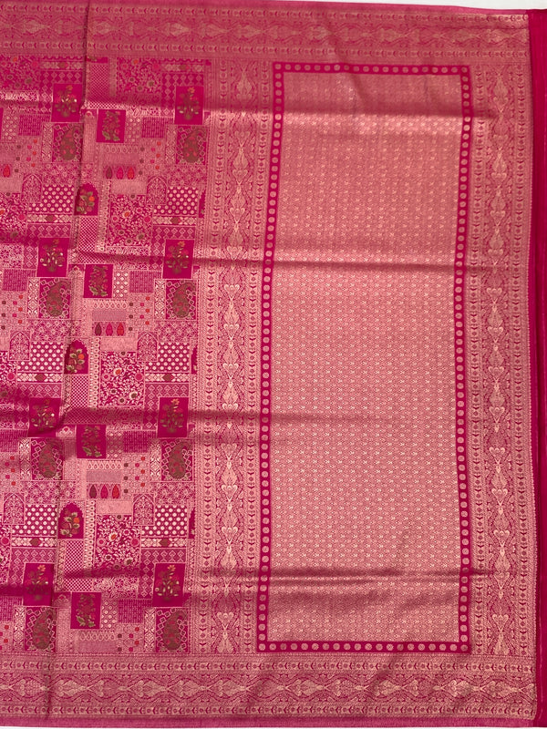 Ethereal Rani Pink Banarasi Silk Saree with Ornate Patchwork