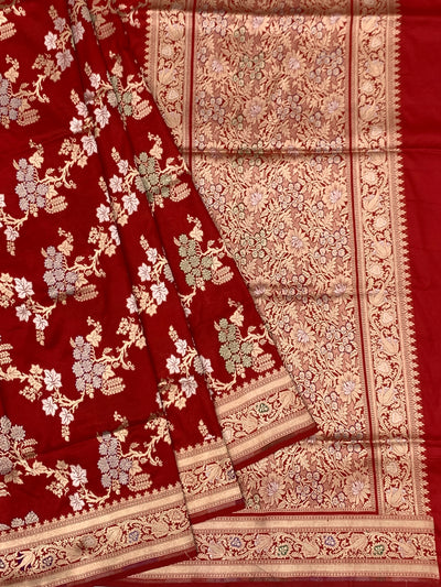 Imperial Crimson Red Banarasi Saree with Gold And Silver Meenakari